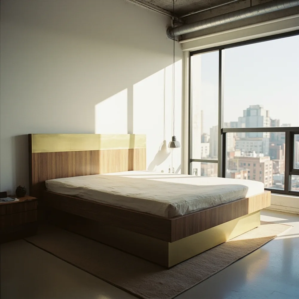 성수동 loft에 놓인 포스트모던 럭셔리 침대 프레임 월넛 패널 브라스 인서트