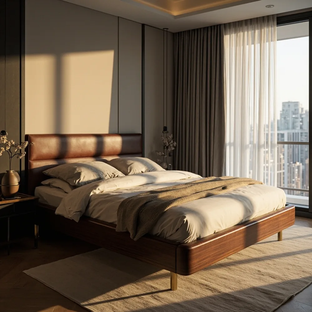 서울 서초 아파트에 어울리는 아메리칸 럭셔리 다크 월넋 침대 프레임 200x220cm 레더 머리보드 황동 다리 사진