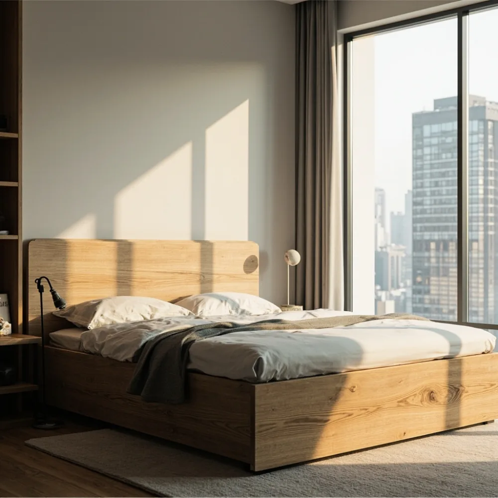 포스트모던 리프트컷 오크 침대 프레임, 헤드보드 120cm, 풋보드 45cm, 서울 아파트 자연광