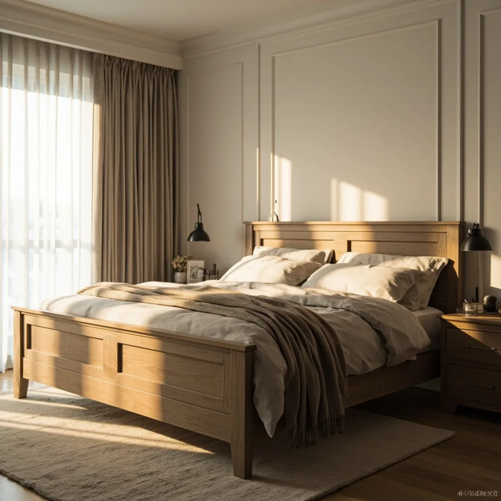 photorealistic natural-light photo of a warm Korean apartment bedroom showing a 160 cm French luxury wooden bed frame, oak grain, calm beige textiles, soft shadows, no text, no people faces, film grain