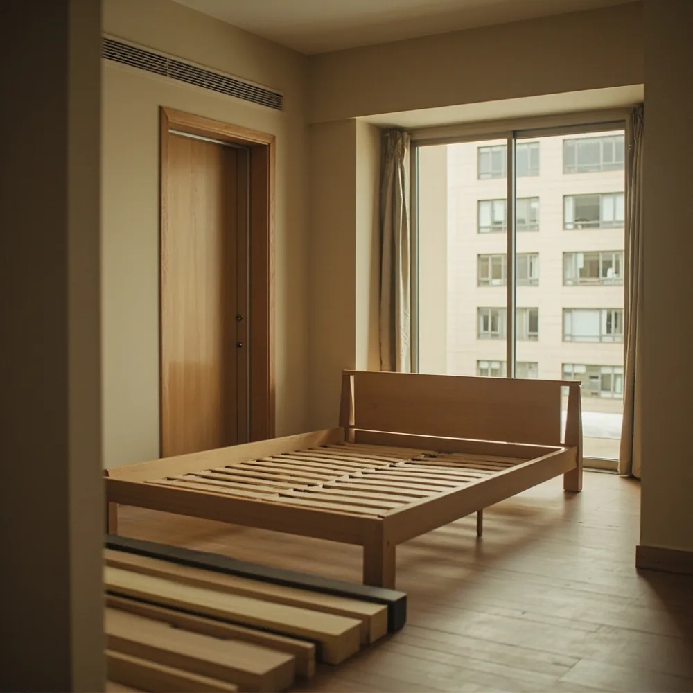 photorealistic natural-light photo of a Korean apartment corridor with a narrow elevator and carefully wrapped bed frame parts, realistic delivery preparation, balanced composition, no text, no people faces, film grain