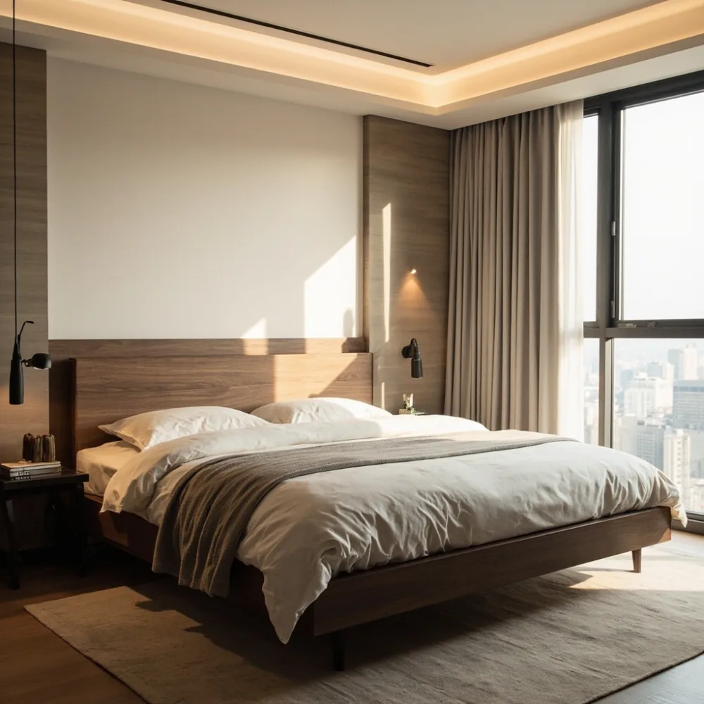 photorealistic natural-light photo of a postmodern wooden bed frame in a minimalist room, geometric lines, walnut finish, neutral bedding, natural daylight, no text, no people faces, film grain