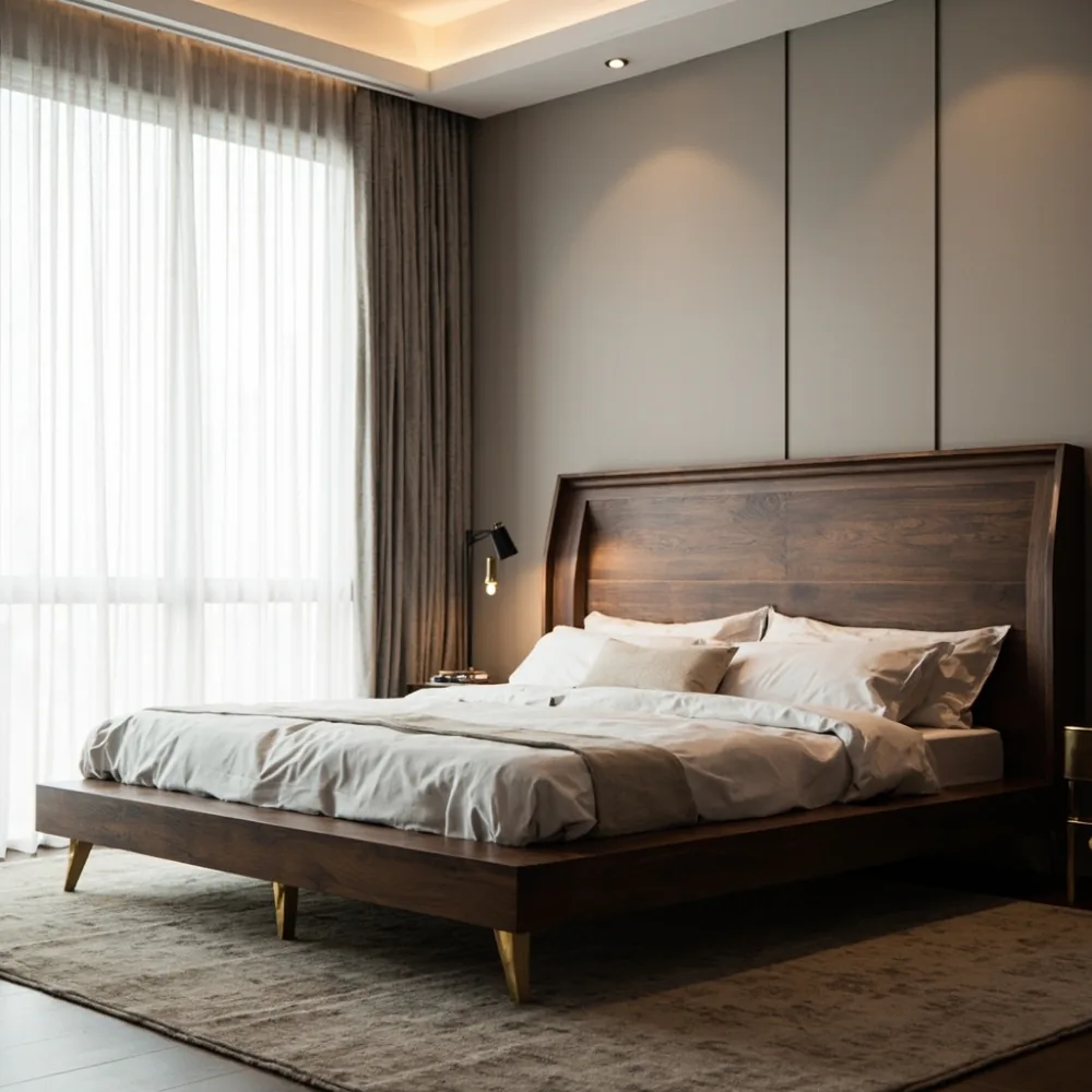 서울 용산 아파트에 배치된 아메리칸 럭셔리 다크 월넛 킹 사이즈 침대 프레임 198cm×213cm, 150cm 오버사이즈 헤드보드와 브래스 메탈 레그 18cm