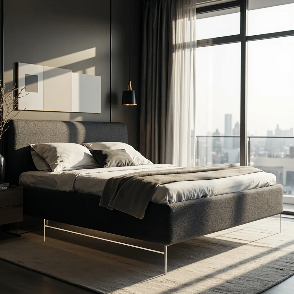 차콜 그레이 포스트모던 럭셔리 침대 프레임과 떠움 아크릴 베이스 분당 아파트 침실 인테리어