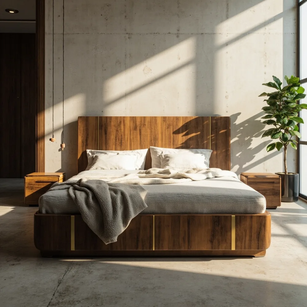 포스트모던 럭셔리 자작 27mm 결 + 새틴 브라스 침대 프레임, 205×160cm, 콘크리트 바닥 인테리어컷