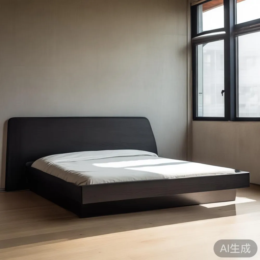 성수동 모던 아파트의 매트 블랙 포스트모던 원목 침대 프레임 미니멈 자연광 사진
