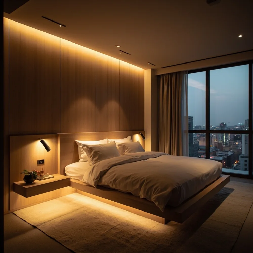 서울 마포 오피스텔의 포스트모던 플로팅 애쉬 우드 침대 프레임 180x200cm LED 라인 조명 3000K 자연광 사진