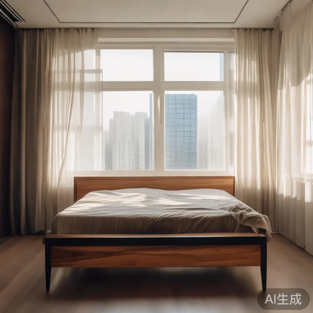 분당 오피스텔 침실의 포스트모던 월넛 침대 프레임과 커튼