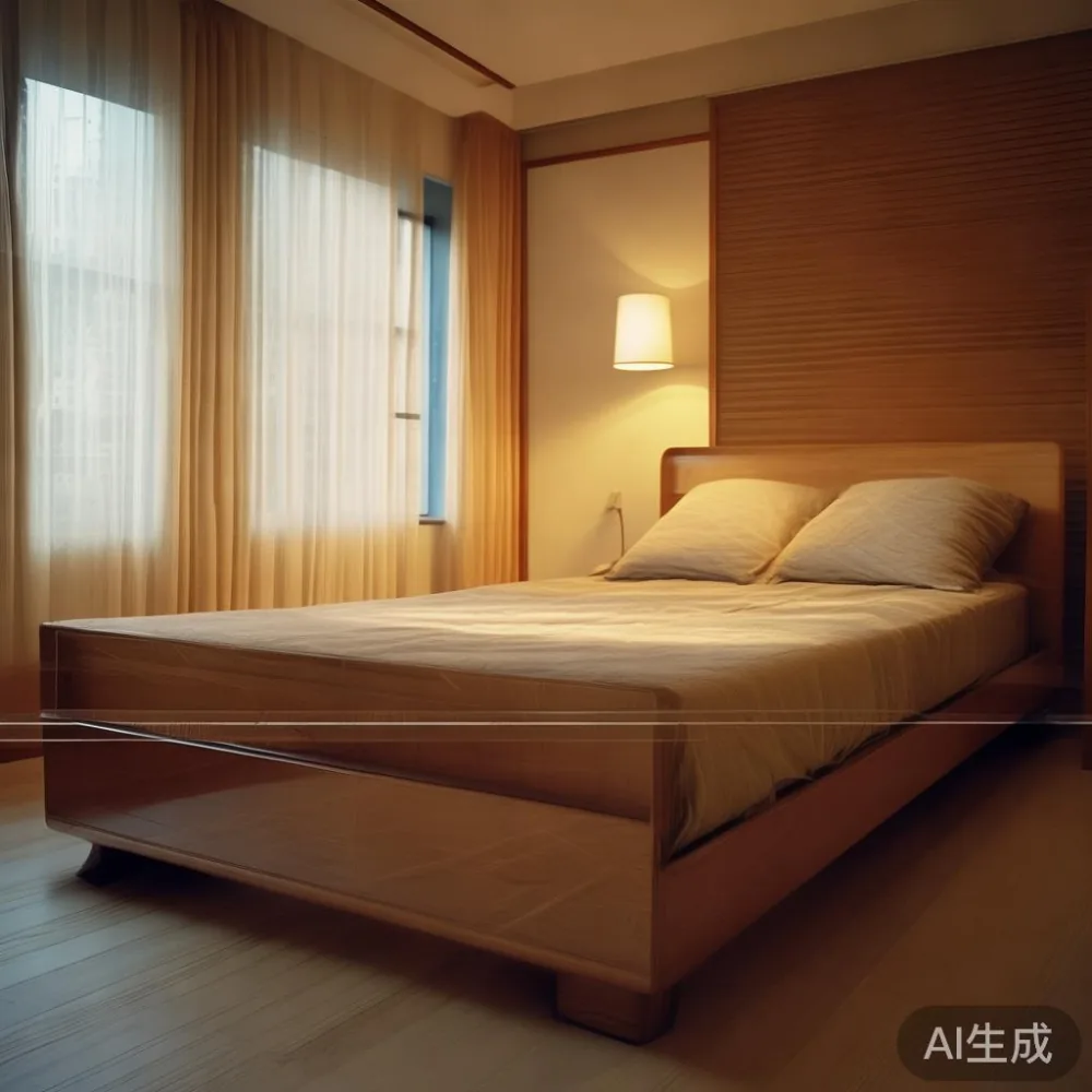 한국의 습한 여름, 라커 마감 침대 프레임 관리법 — room setting at dusk with warm lamp light, film 