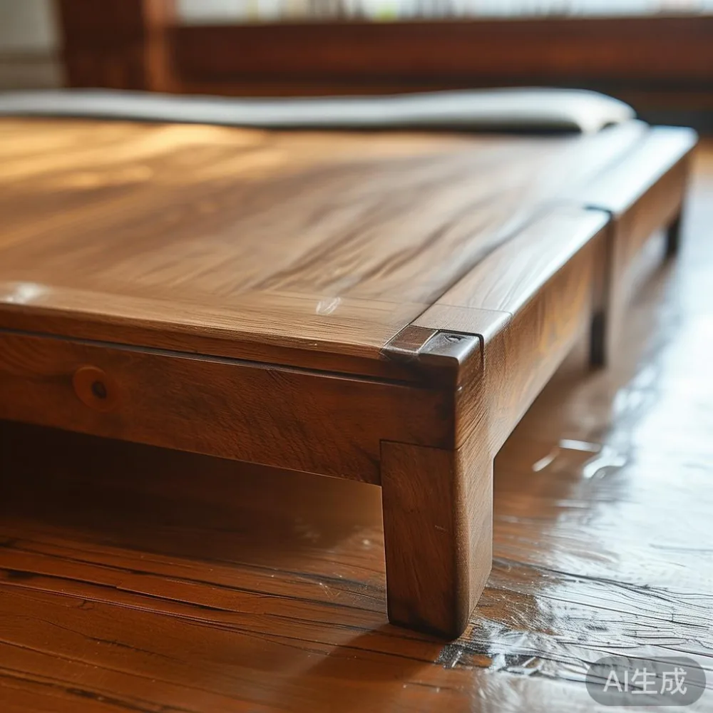 한국 tropical climate에서 lacquered 원목 가구 관리법: 침대 프레임부터 식탁까지 — close-up of the grain and joinery detail, shallo