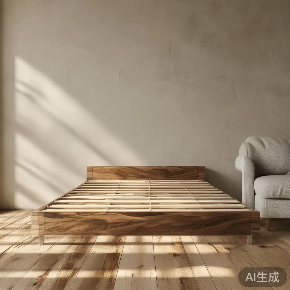 베니어와 원목 침대 프레임, 5년 동안 정말 어느 쪽이 더 가성비 좋을까? — staged against a plain wall with a linen sofa ne